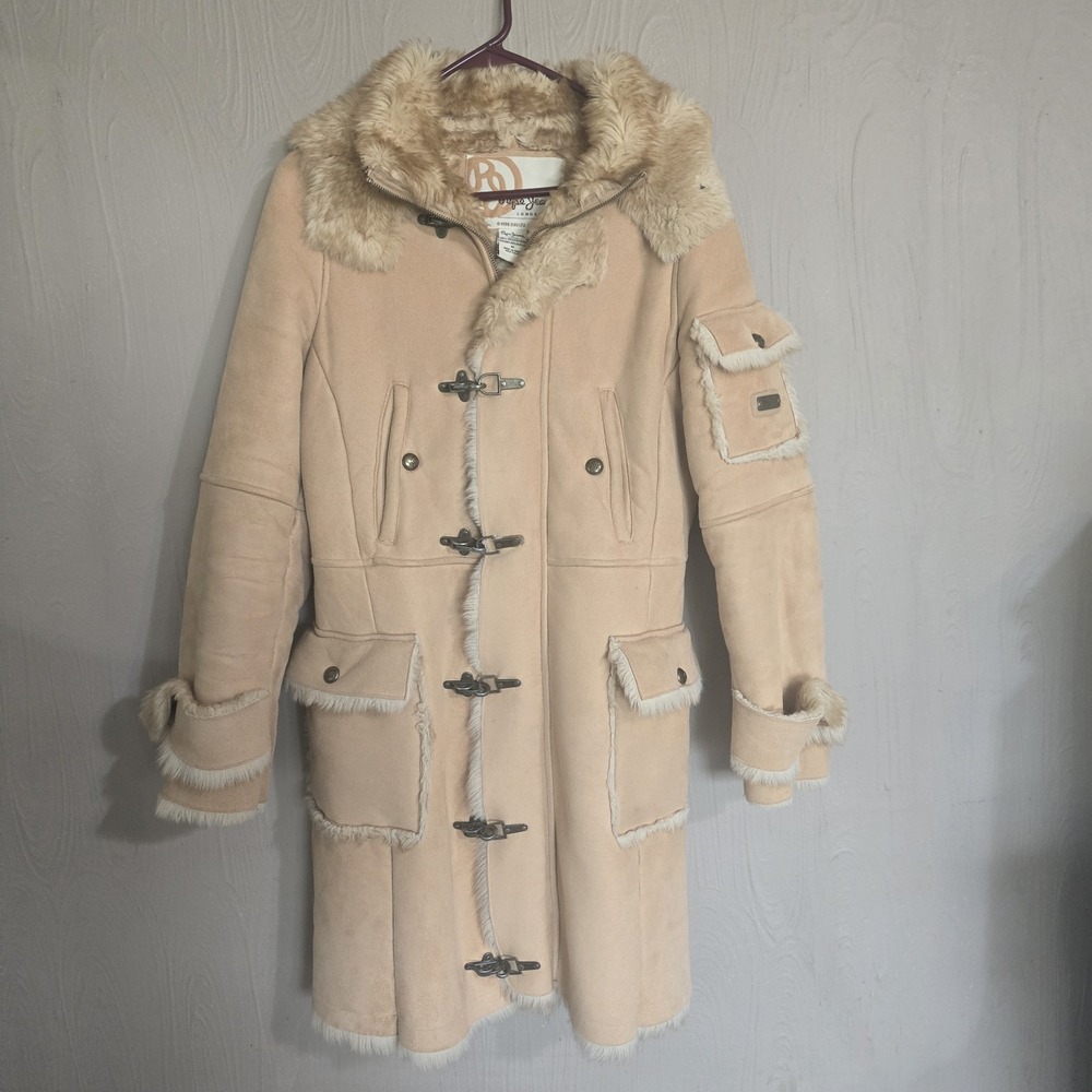 Vintage Pepe Jeans Tan Heavy Long Faux Fox Fur Hood Women's Suede Feel Coat Med
